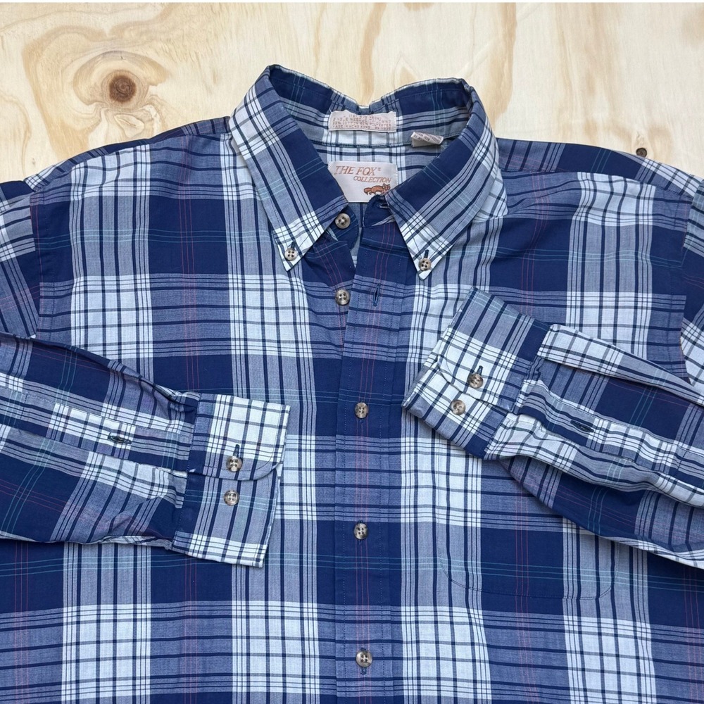 The Fox Collection Mens Vintage Navy Blue Plaid Button Down Shirt Large 16-16.5